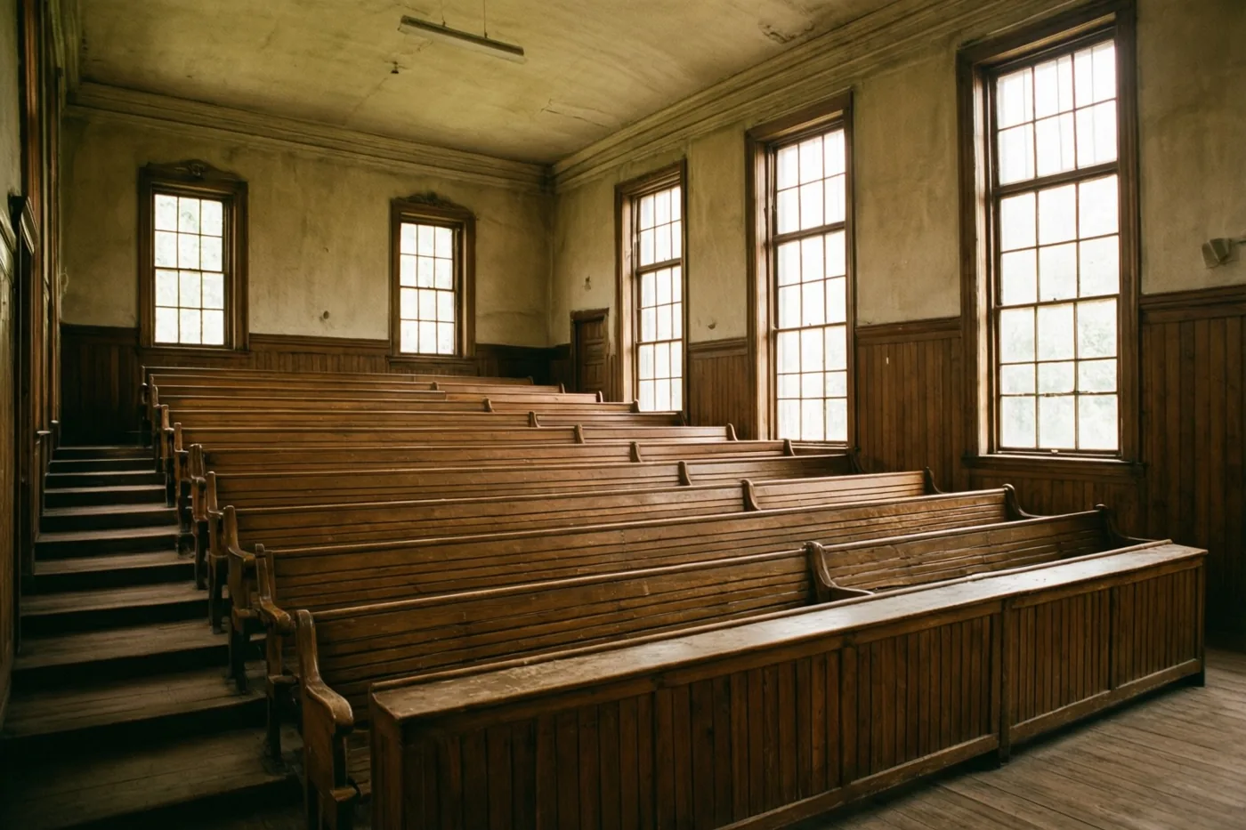 Een lege oude aula met rijen houten banken en hoge ramen baadt in natuurlijk licht, met warme bruine en beige tinten.