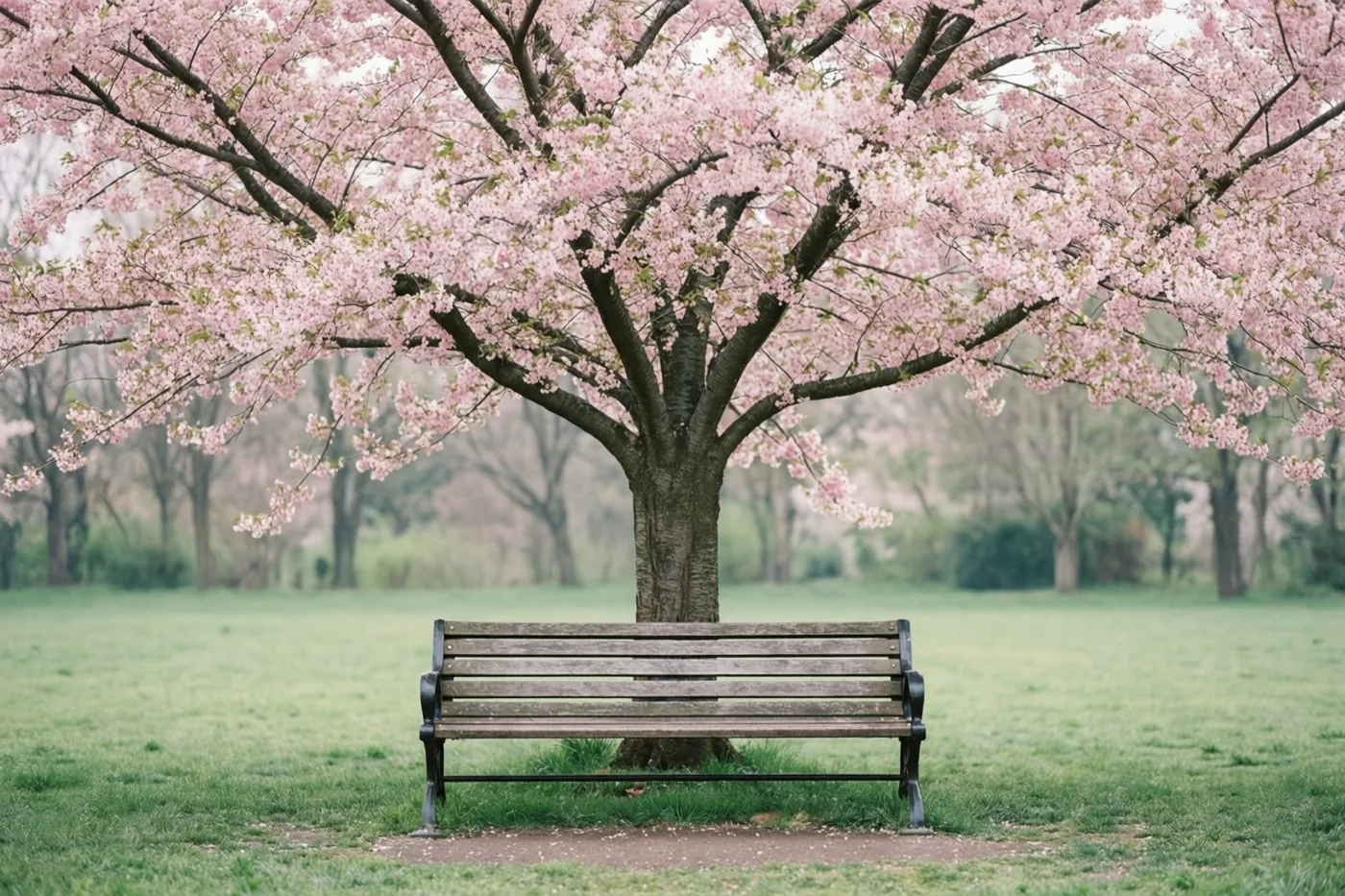 Een lege houten parkbank staat onder een grote kersenboom vol roze bloesems, met groen gras en een zachte, wazige achtergrond.