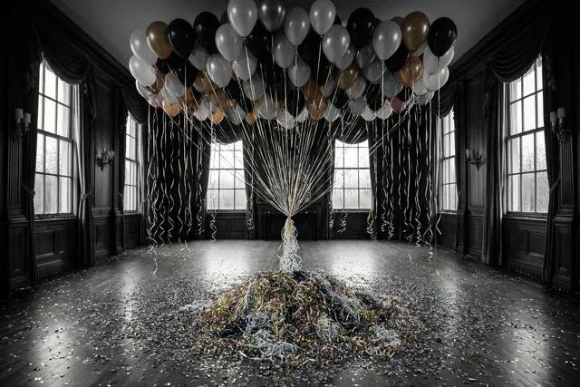 Een lege statige zaal met donkere houten wandpanelen en hoge ramen ligt in zacht ochtendlicht, met leeggelopen ballonnen, verwarde slingers en een hoop confetti in zwart, wit en goudtinten.