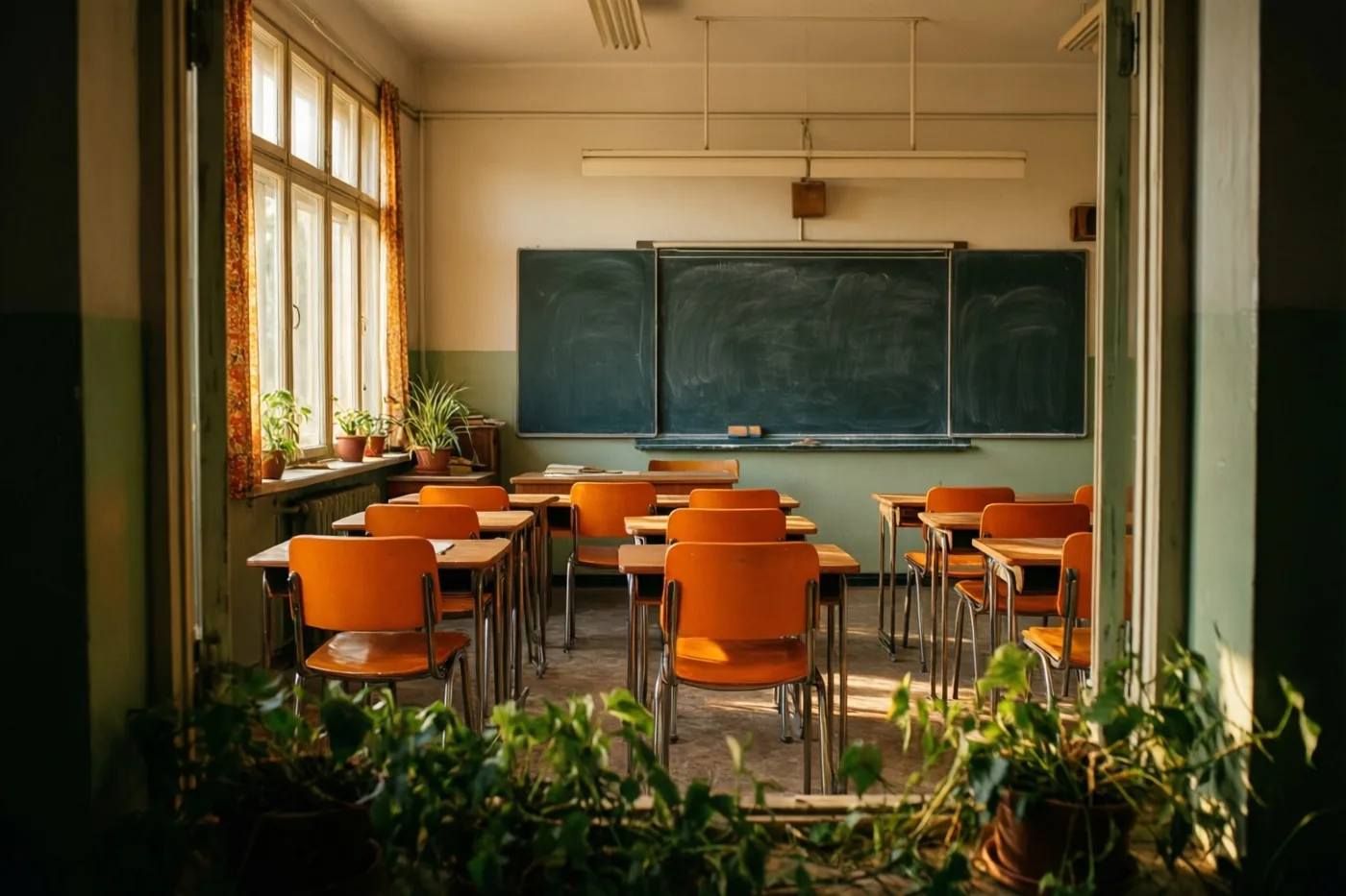 Door een deuropening zie je een leeg klaslokaal uit de jaren zeventig met rijen oranje stoelen, groene muren, een groot schoolbord en potplanten in het zonlicht.