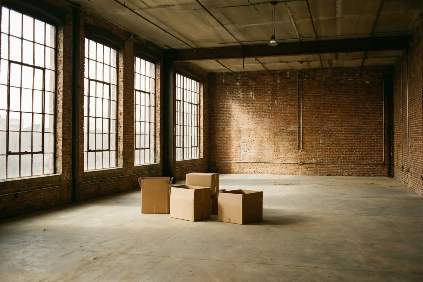In een lege loft met zichtbare bakstenen muren en hoge ramen staan enkele kartonnen verhuisdozen op een betonnen vloer in natuurlijk licht.