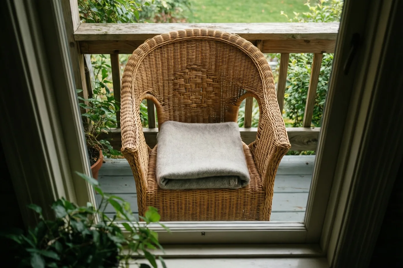 Door een raam is een lege rieten stoel met een opgevouwen grijze wollen deken op een houten veranda te zien, met groen op de achtergrond.