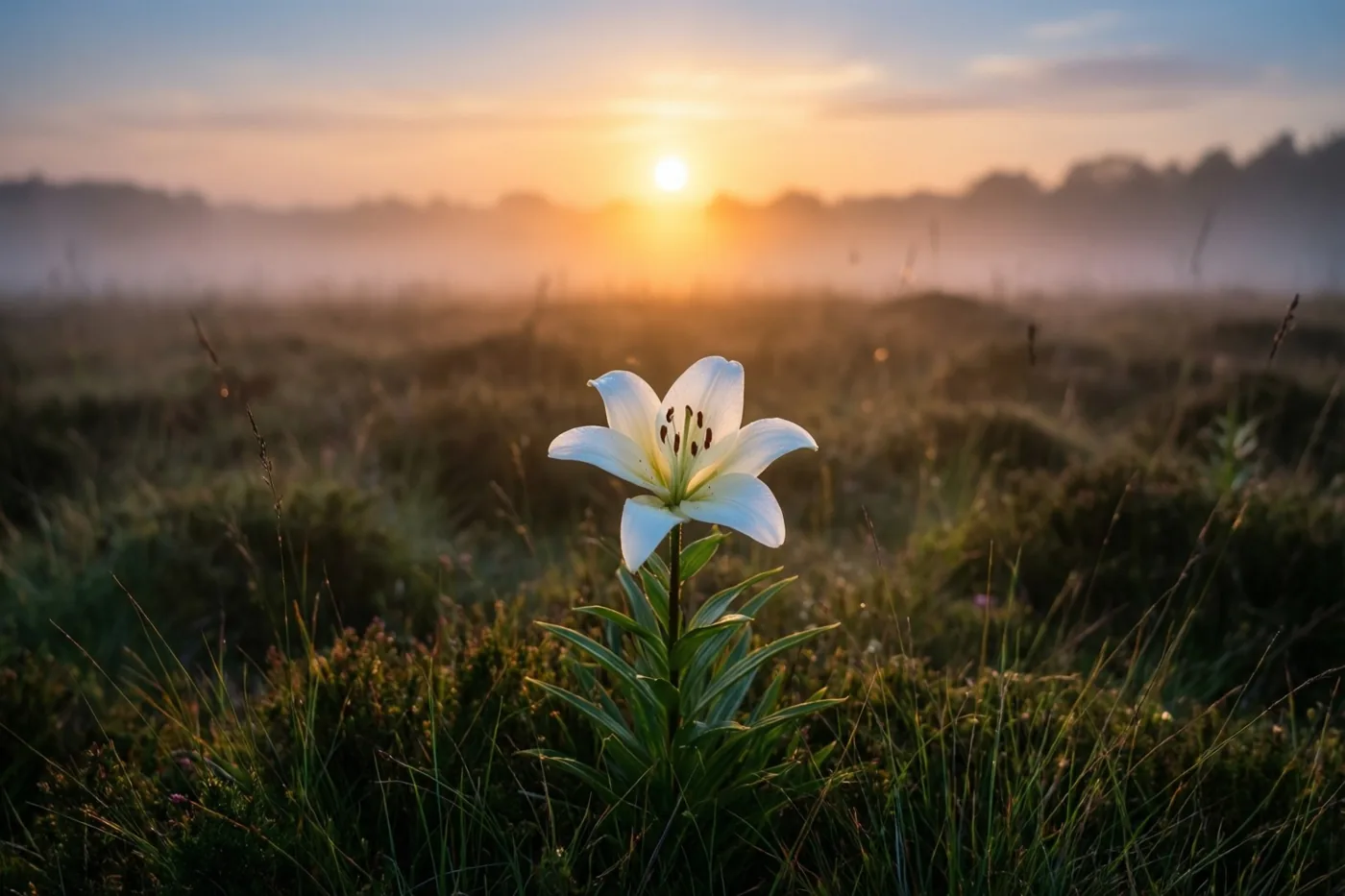 Een witte lelie staat voor een mistig heidelandschap bij zonsondergang in zachte oranje en blauwe tinten.