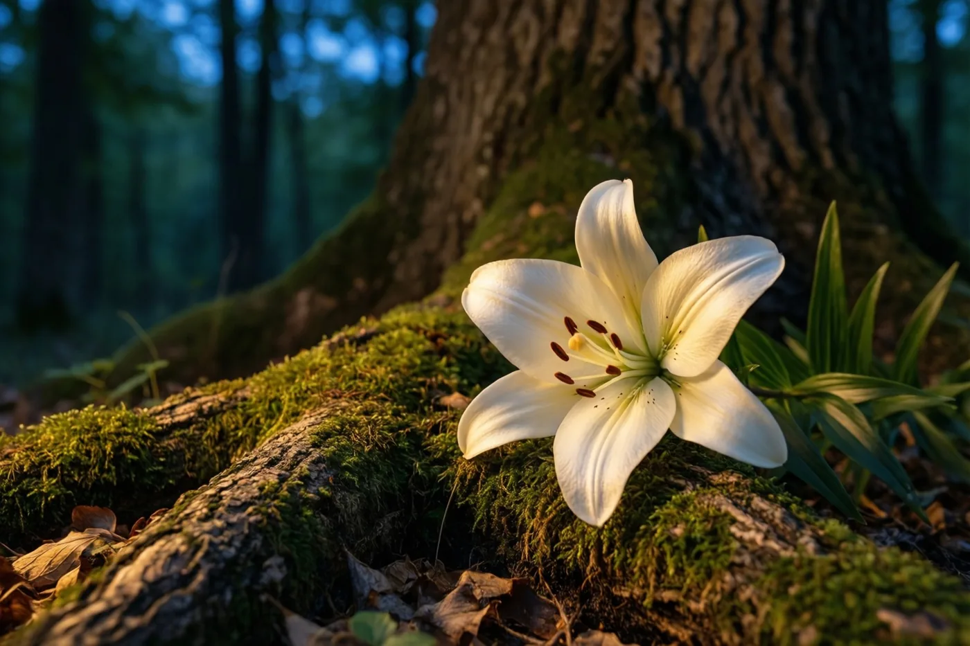 Een witte lelie ligt op de bemoste wortels van een oude eik in een bos met zacht natuurlijk licht.