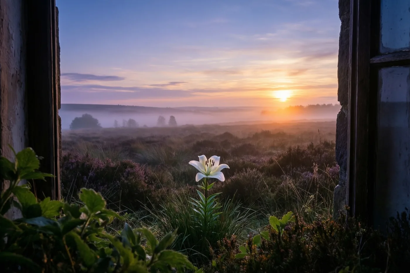 Door een oud raam zie je een witte lelie voor een mistige heide bij zonsondergang in oranje en paarse tinten.