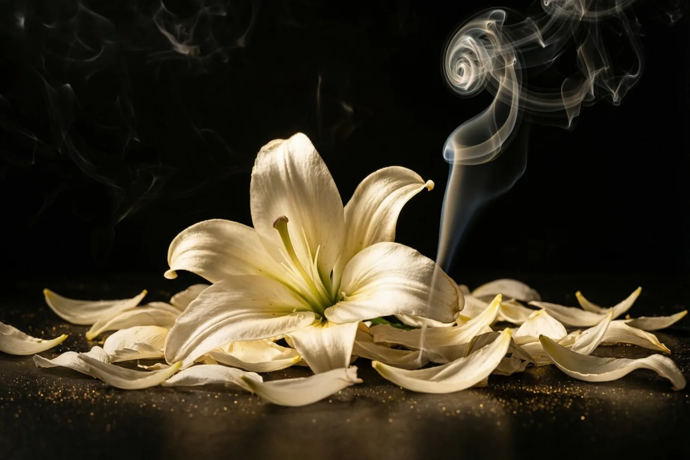 Een witte lelie met verspreide afgevallen bloemblaadjes ligt op een donker oppervlak, met een dun sliertje rook tegen een zwarte achtergrond en licht op de bloem en de rook.