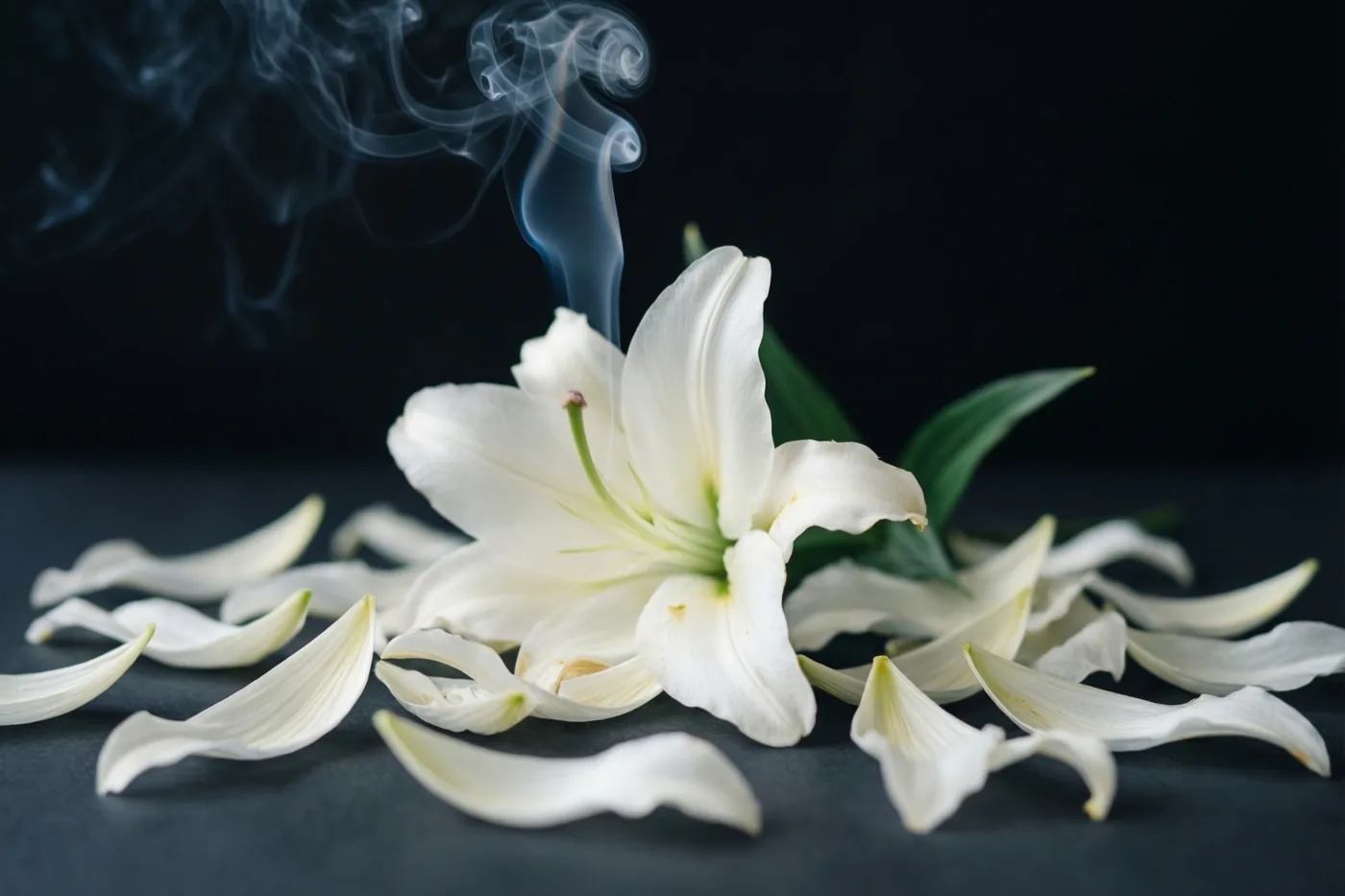 Een witte lelie ligt met afgevallen bloemblaadjes op een donker oppervlak, terwijl een dun sliertje rook uit het midden van de bloem opstijgt tegen een zwarte achtergrond.