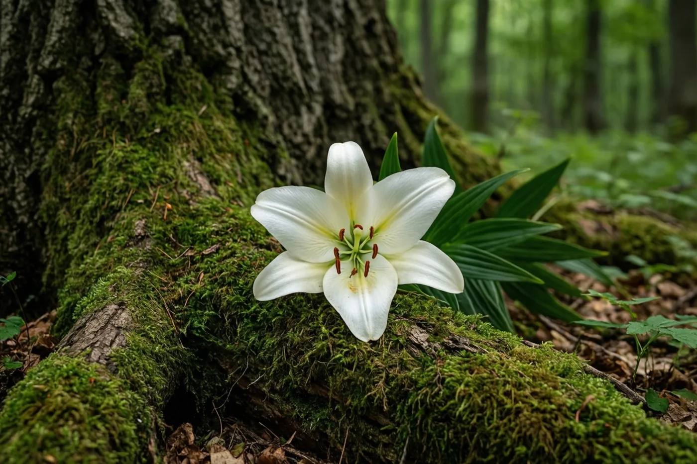 Een witte lelie ligt op de bemoste wortels van een oude eik in een bos, tussen groen mos en donkerbruine schors.