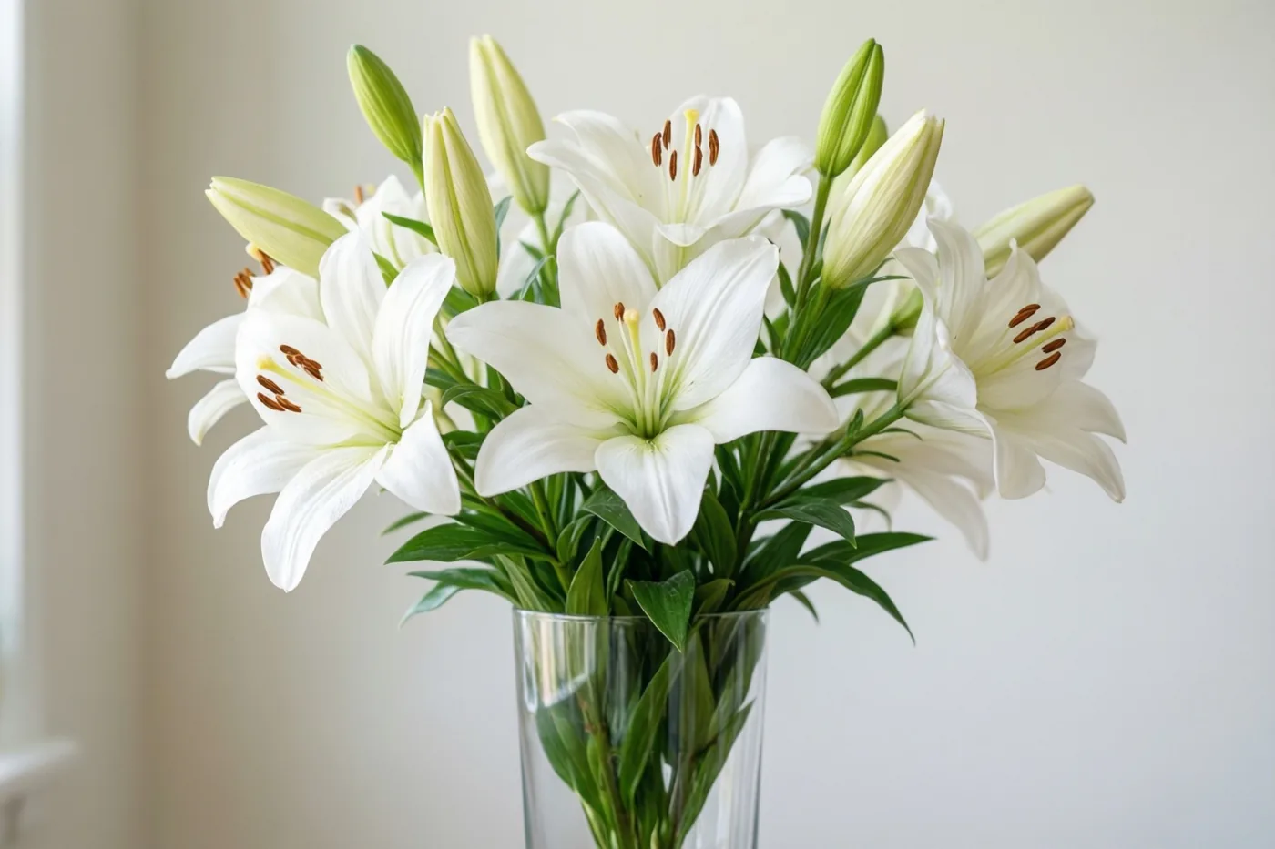 Een boeket witte lelies staat in een hoge glazen vaas voor een effen muur, in witte, groene en lichtbeige tinten.