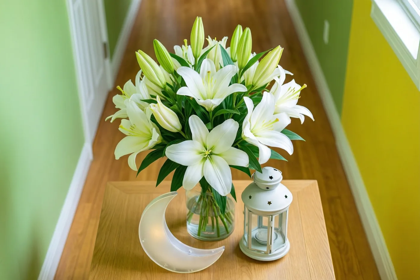 Witte lelies in een glazen vaas staan met een witte maanlantaarn op een houten tafel in een gang met groene en gele muren en een houten vloer.