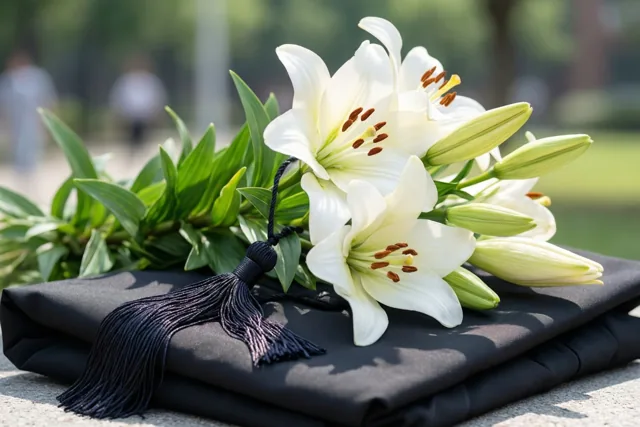 Een boeket witte lelies met groene stelen en knoppen en een zwart kwastje aan het lint ligt op een opgevouwen zwarte afstudeertoga, met wazig groen op de zonnige achtergrond.
