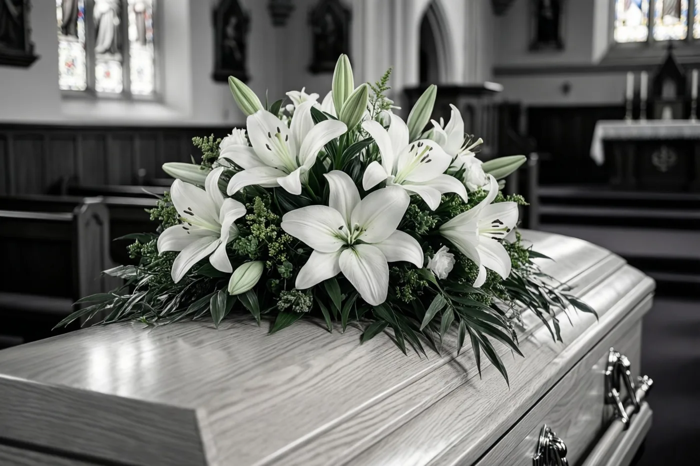 Een bloemstuk van witte lelies en bladgroen ligt op het deksel van een lichte eiken doodskist in een kapel, weergegeven in een monochroom beeld.