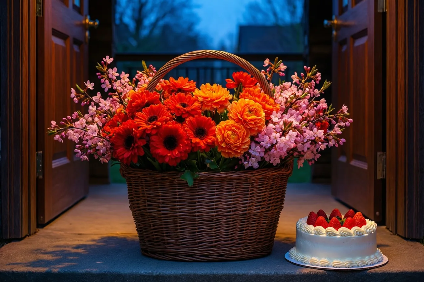 Een rieten mand vol rode, oranje en roze lentebloemen staat op een drempel naast een klein wit taartje met aardbeien, in warm licht voor een donkere houten deur bij blauwe schemering.