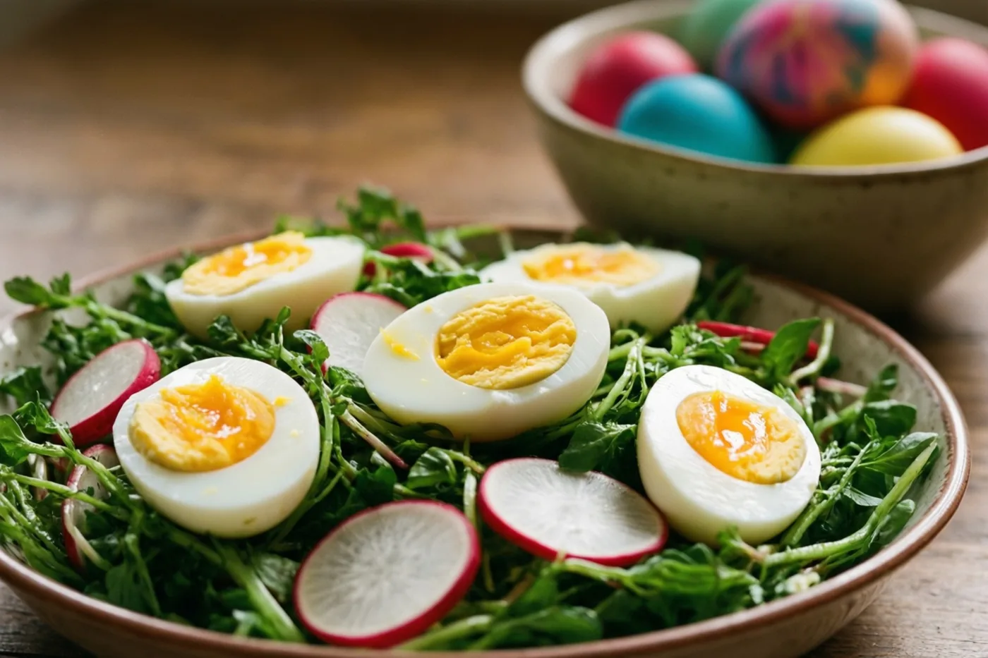 Een kom lentesalade met in vieren gesneden hardgekookte eieren en schijfjes rode radijs staat naast een kom gekleurde paaseieren op een houten oppervlak.
