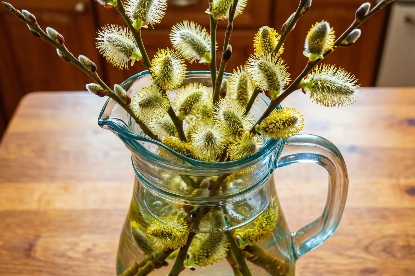 Een doorzichtige glazen kan met wilgenkatjes en uitlopende takken staat op een houten keukentafel in zacht licht.