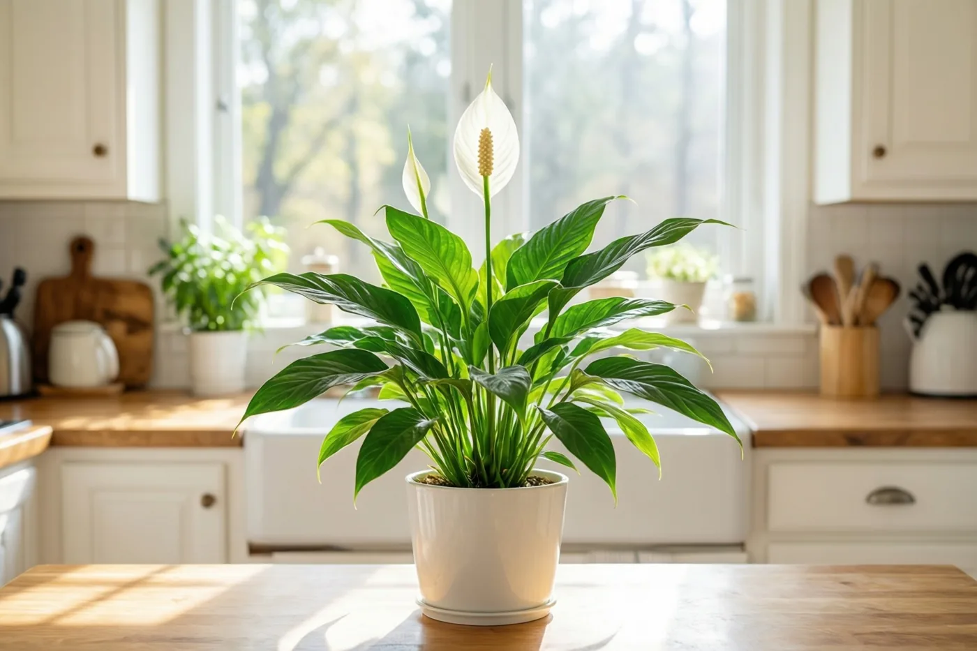 Een witte lepelplant met groene bladeren staat in een witte pot op een houten keukenwerkblad, in zonlicht dat door een raam valt.
