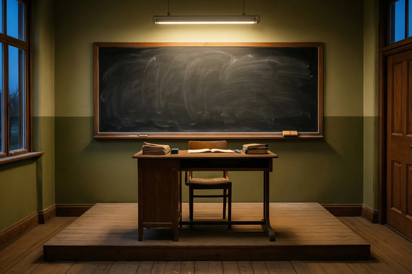 Een oud houten lerarenbureau staat op een verhoging voor een groot schoolbord in een klas met bruine en groene tinten, verlicht door één tl-lamp aan het plafond.