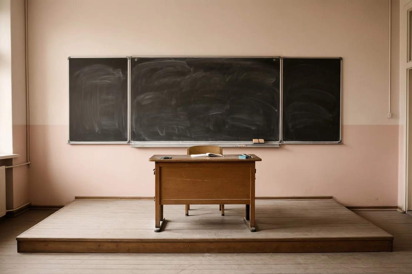 Een oud houten lerarenbureau staat op een houten verhoging voor een groot schoolbord in een lokaal met lichtroze muren, een houten vloer en een sepia-achtige sfeer.
