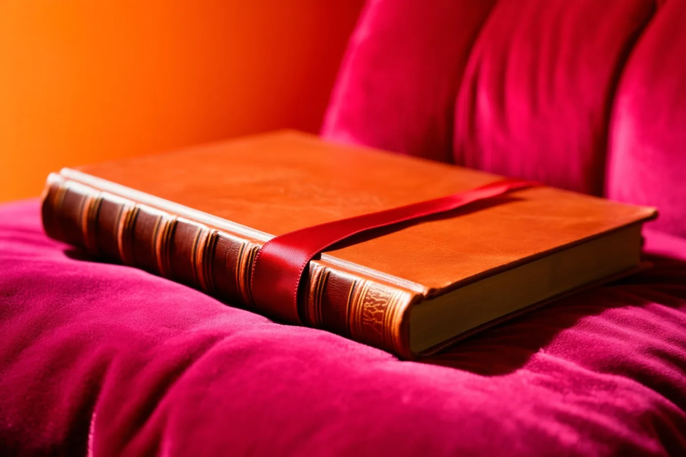 Een groot gesloten boek met leren kaft en een rood lint ligt op een diep roze fluwelen kussen tegen een warm oranje achtergrond.