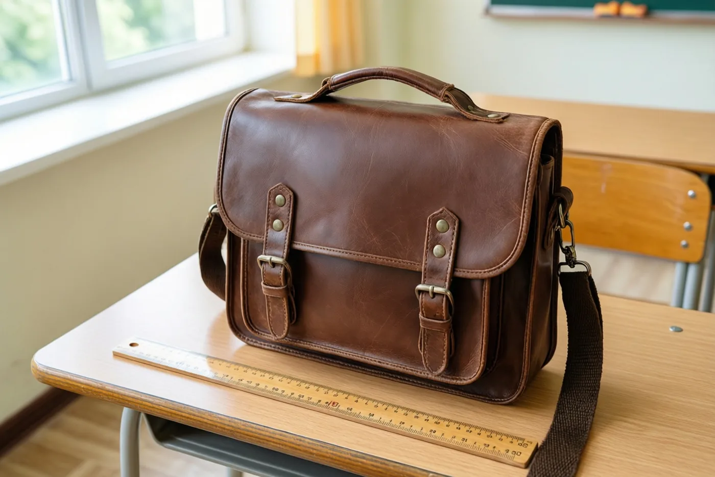 Een bruine leren boekentas met riemen staat naast een houten lat op een houten klasbureau, met een raam en een stoel op de achtergrond.