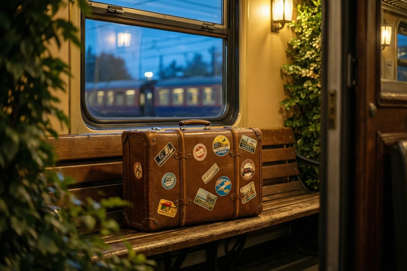 Een oude bruine leren koffer met reisstickers staat op een houten bank in een trein, met gele binnenverlichting en blauwe schemering buiten het raam.