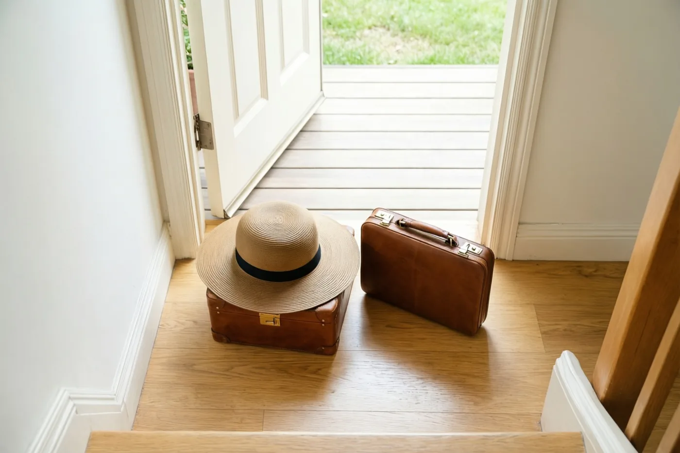 Twee leren koffers in vintagestijl staan op een houten overloop bij een open witte deur, met een strohoed op een van de koffers.
