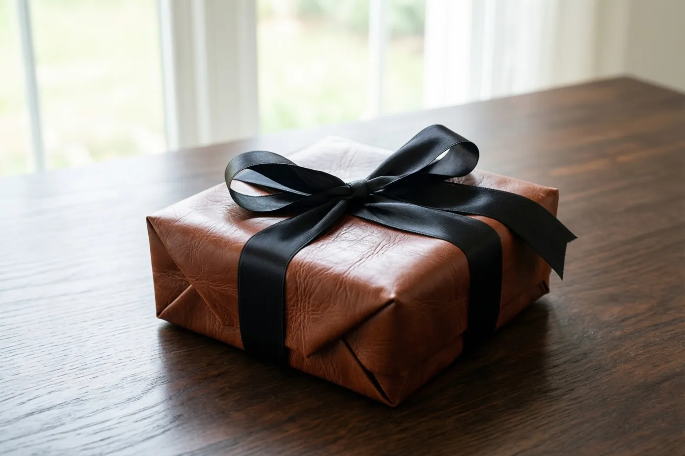 Een geschenk in bruin leer met een zwart lint ligt op een donkere eiken tafel, zacht verlicht door een raam op de achtergrond.