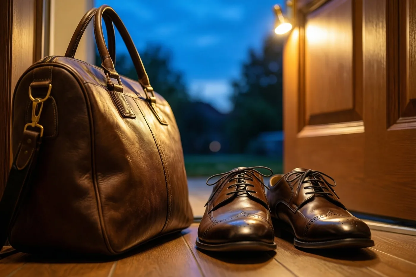 Een bruine leren reistas en gepoetste bruine geklede schoenen staan op een houten vloer bij een open voordeur, met warm licht binnen en blauwe schemer buiten.