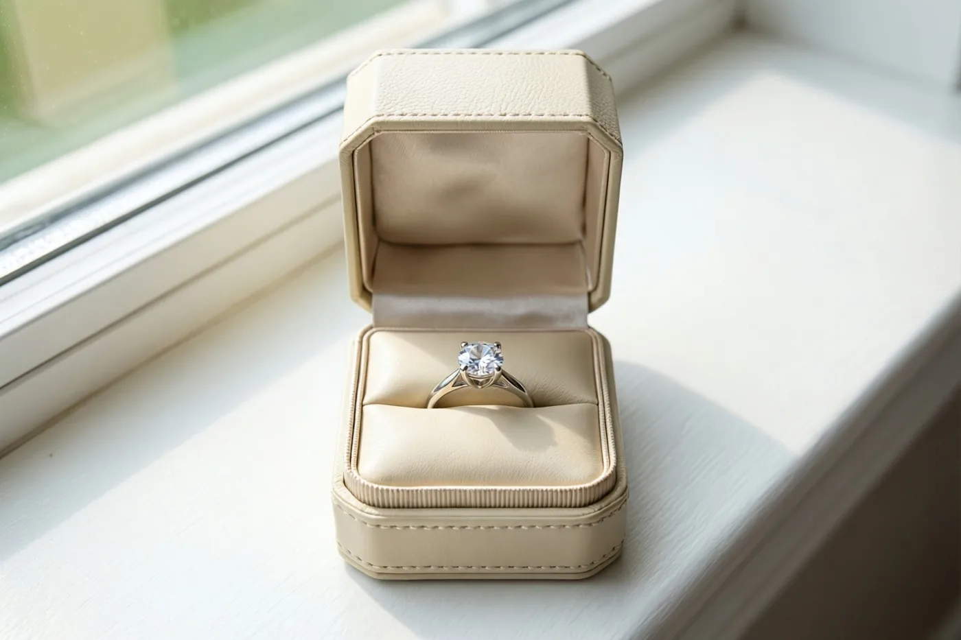 Een open crèmekleurig leren ringdoosje met een ring met één diamant staat op een witte vensterbank in zacht ochtendlicht van een nabijgelegen raam.
