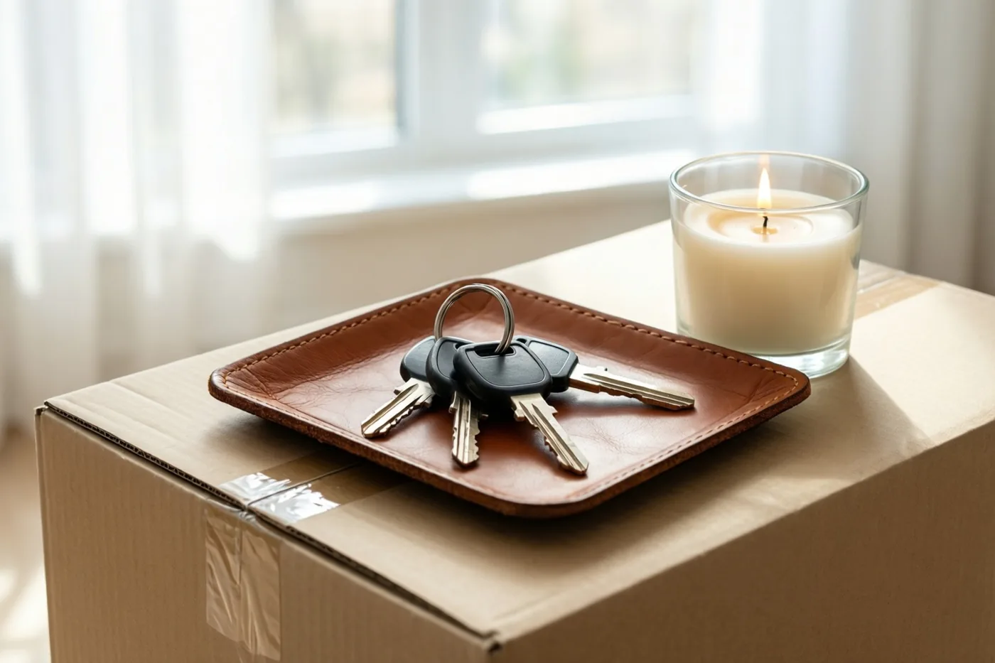Huissleutels liggen op een bruin leren schaaltje op een kartonnen verhuisdoos, naast een brandende witte kaars in een glazen pot, met een raam op de achtergrond.