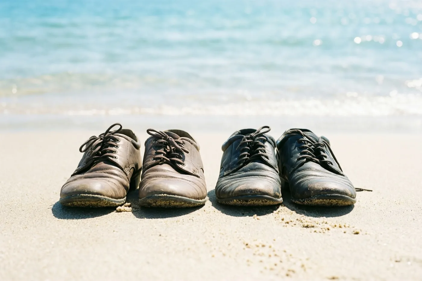 Twee paar versleten leren schoenen staan naast elkaar op het zandstrand aan de waterlijn, met blauw zeewater op de achtergrond in fel zonlicht.