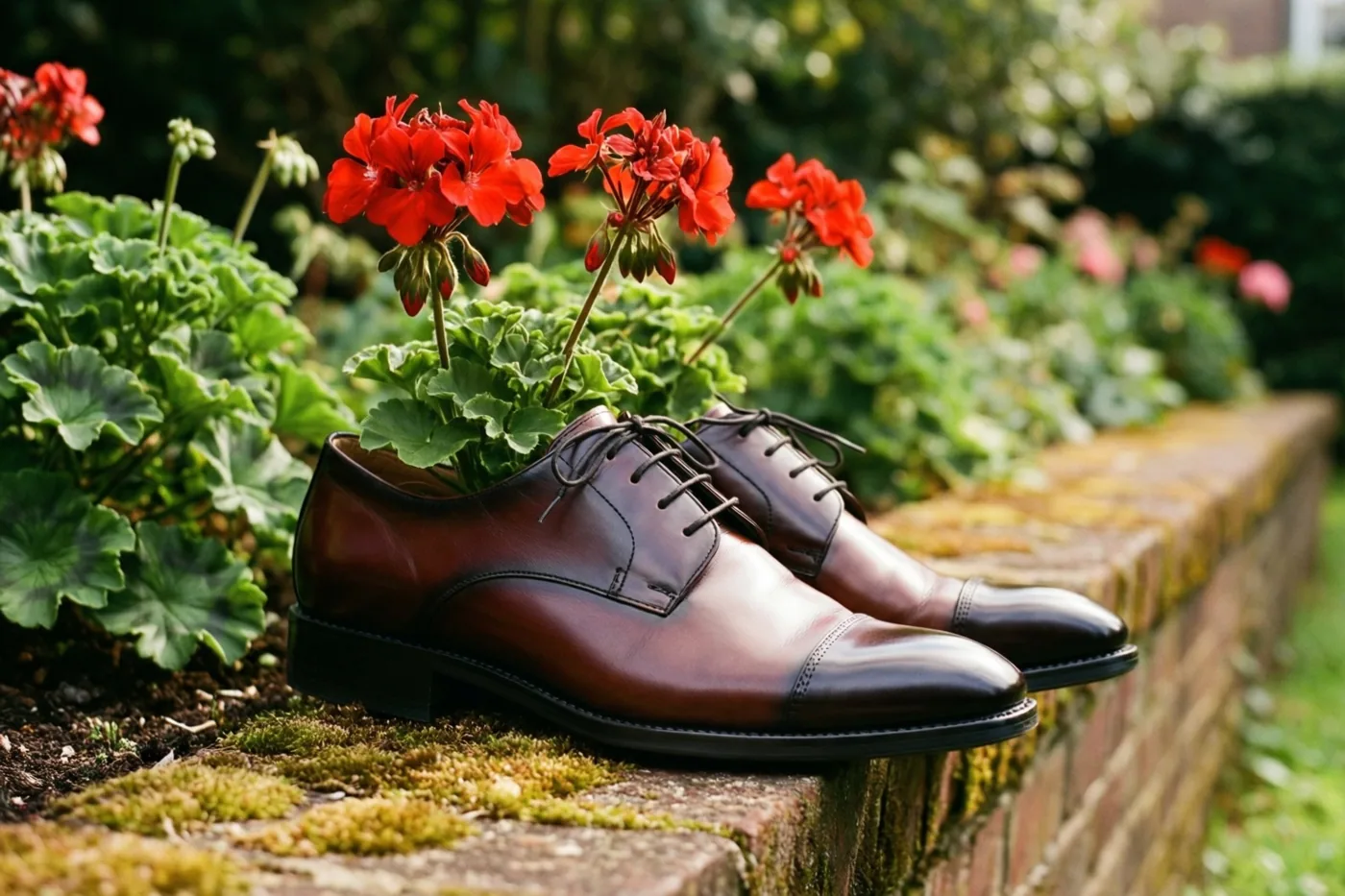 Een paar opgepoetste bruine leren schoenen met rode geraniums staat op een bemoste bakstenen muur in een groene tuin.