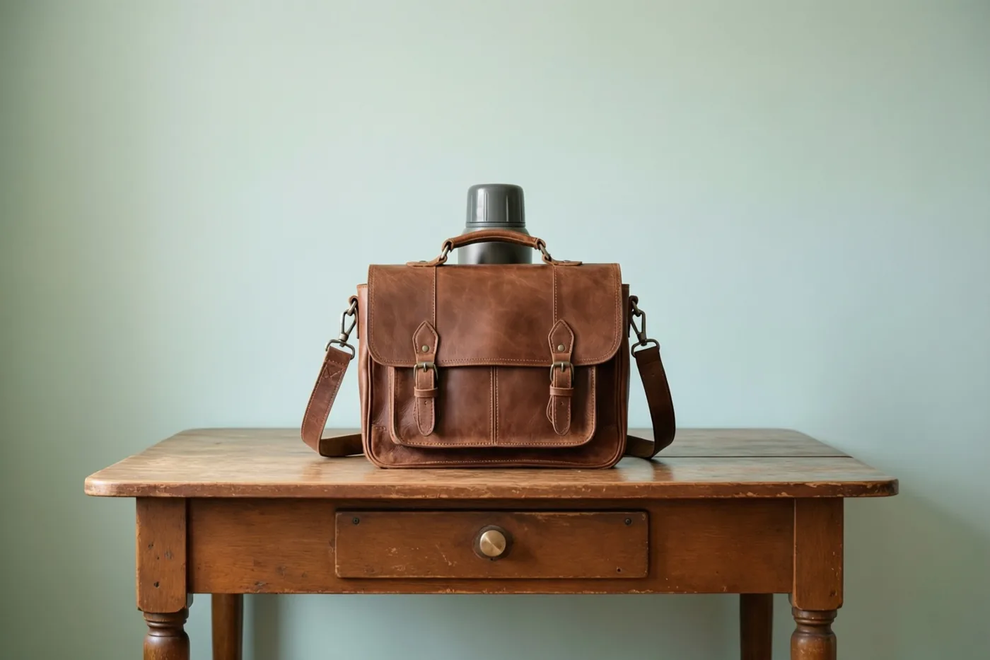 Een bruine leren schoudertas met een thermosfles erin staat op een rustieke houten tafel tegen een bleekgroene muur.