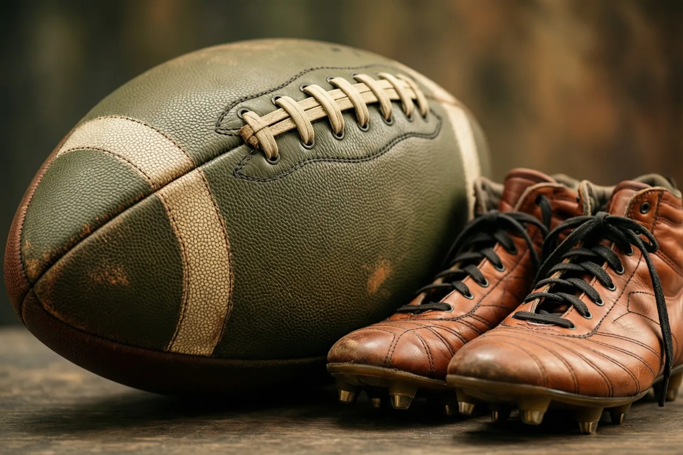 Een oude leren voetbal ligt tussen twee oude bruine voetbalschoenen op een houten ondergrond in warme aardetinten.