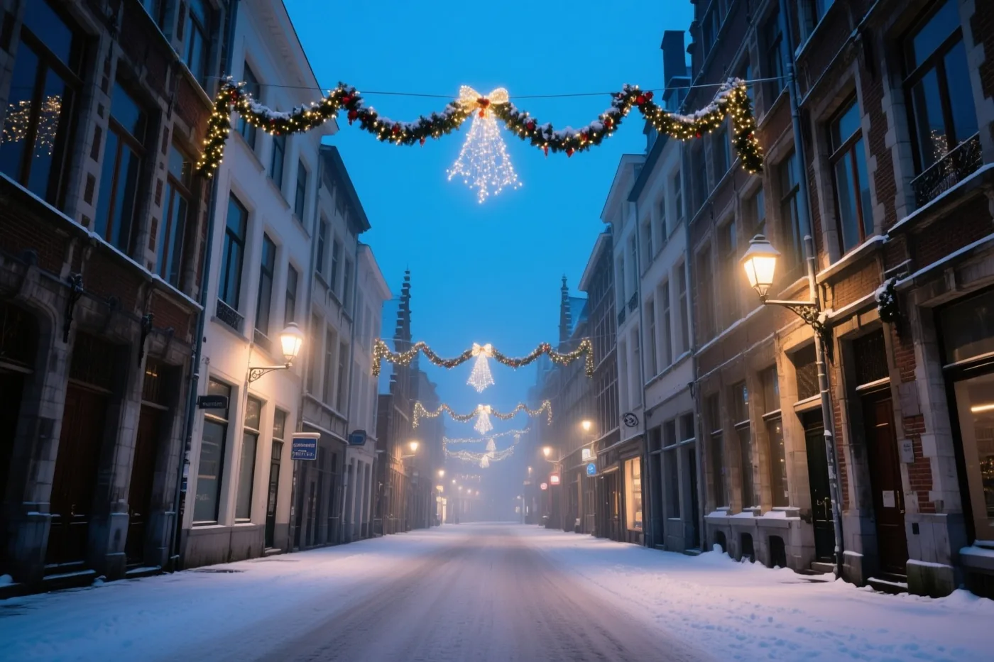 Een lege besneeuwde straat in Leuven met historische gebouwen en lichtgevende kerstslingers baadt in blauwe schemering en warm straatlicht.