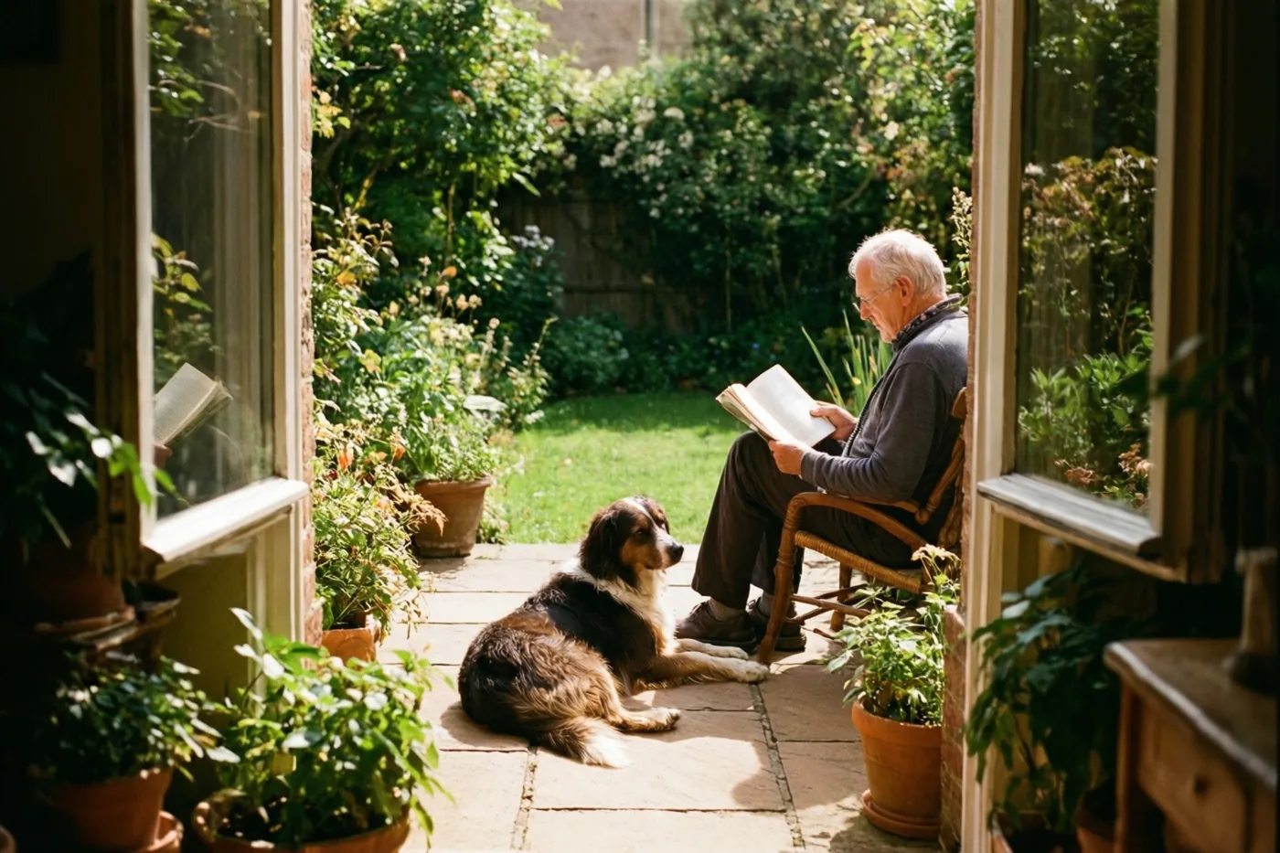 Een oudere man met wit haar leest in een houten stoel op een stenen tuinterras, met een hond aan zijn voeten, gezien door open ramen tussen groen en potplanten.