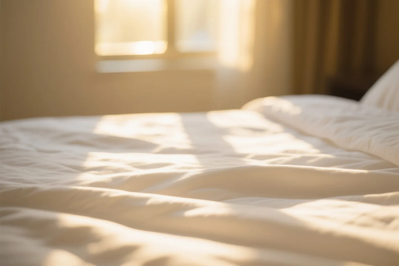 Zonlicht valt door een raam op een witte sprei en vormt zachte patronen van licht en schaduw in een warm verlichte slaapkamer.