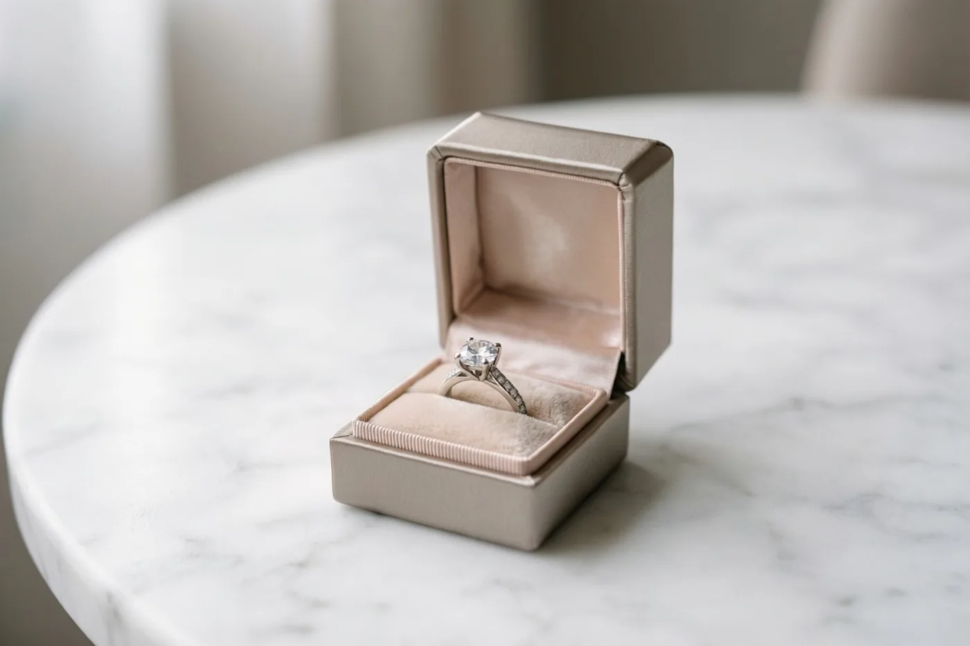 Een open lichtgekleurd ringdoosje met een ring met één diamant staat op een witte marmeren tafel in zacht licht, voor een onscherpe achtergrond.