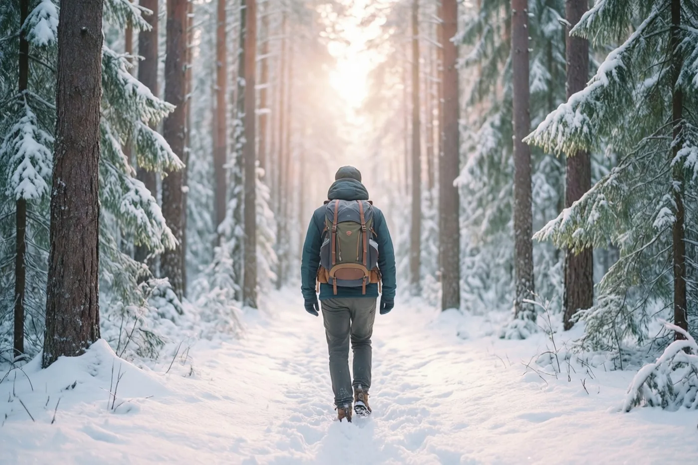 Een persoon met een rugzak en kleding in gedempte groene en bruine tinten loopt weg door een besneeuwd bos naar fel licht tussen donkere boomstammen.