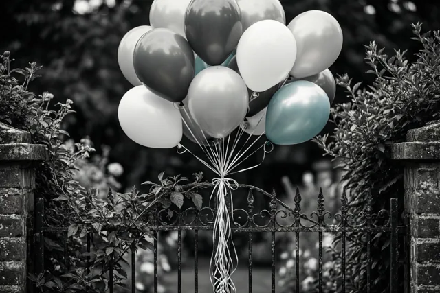 Witte en grijze ballonnen en één lichtblauwe ballon hangen aan een sierlijke zwarte metalen tuinpoort tussen bladeren, in een verder vrijwel monochroom beeld.