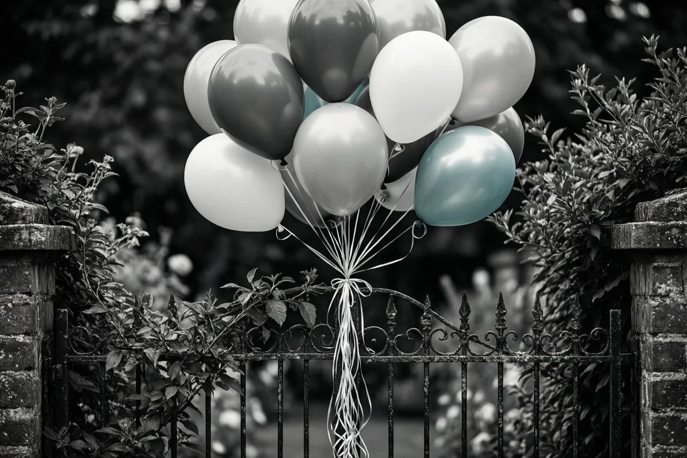 Witte en grijze ballonnen en één lichtblauwe ballon hangen aan een sierlijke zwarte metalen tuinpoort tussen bladeren, in een verder vrijwel monochroom beeld.