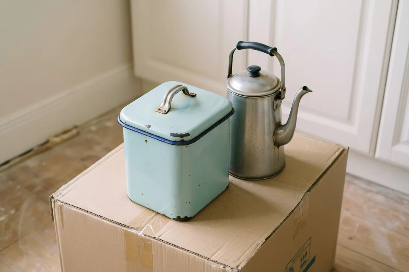 Een oude lichtblauwe geëmailleerde broodtrommel en een zilverkleurige tinnen koffiepot staan op een kartonnen verhuisdoos op de tegelvloer van een keuken met witte kasten.