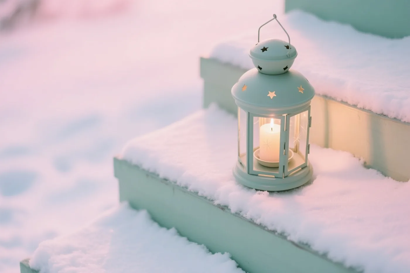 Een lichtblauwe lantaarn met een brandende kaars staat op een besneeuwde trede in zachtroze en wit licht.