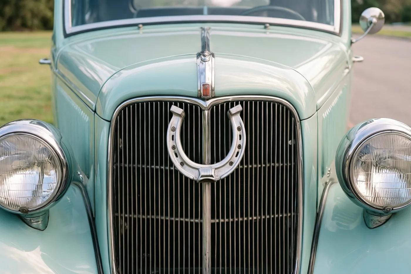 De grille van een lichtblauwe oldtimer heeft een verchroomd hoefijzer midden op zwarte verticale spijlen, met bestrating en gras op de achtergrond in zacht daglicht.