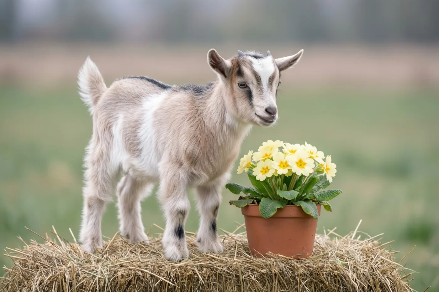 Een lichtbruin-wit geitje staat op een ronde hooibaal naast een terracotta pot met gele sleutelbloemen, in een groen veld met een onscherpe achtergrond bij daglicht.