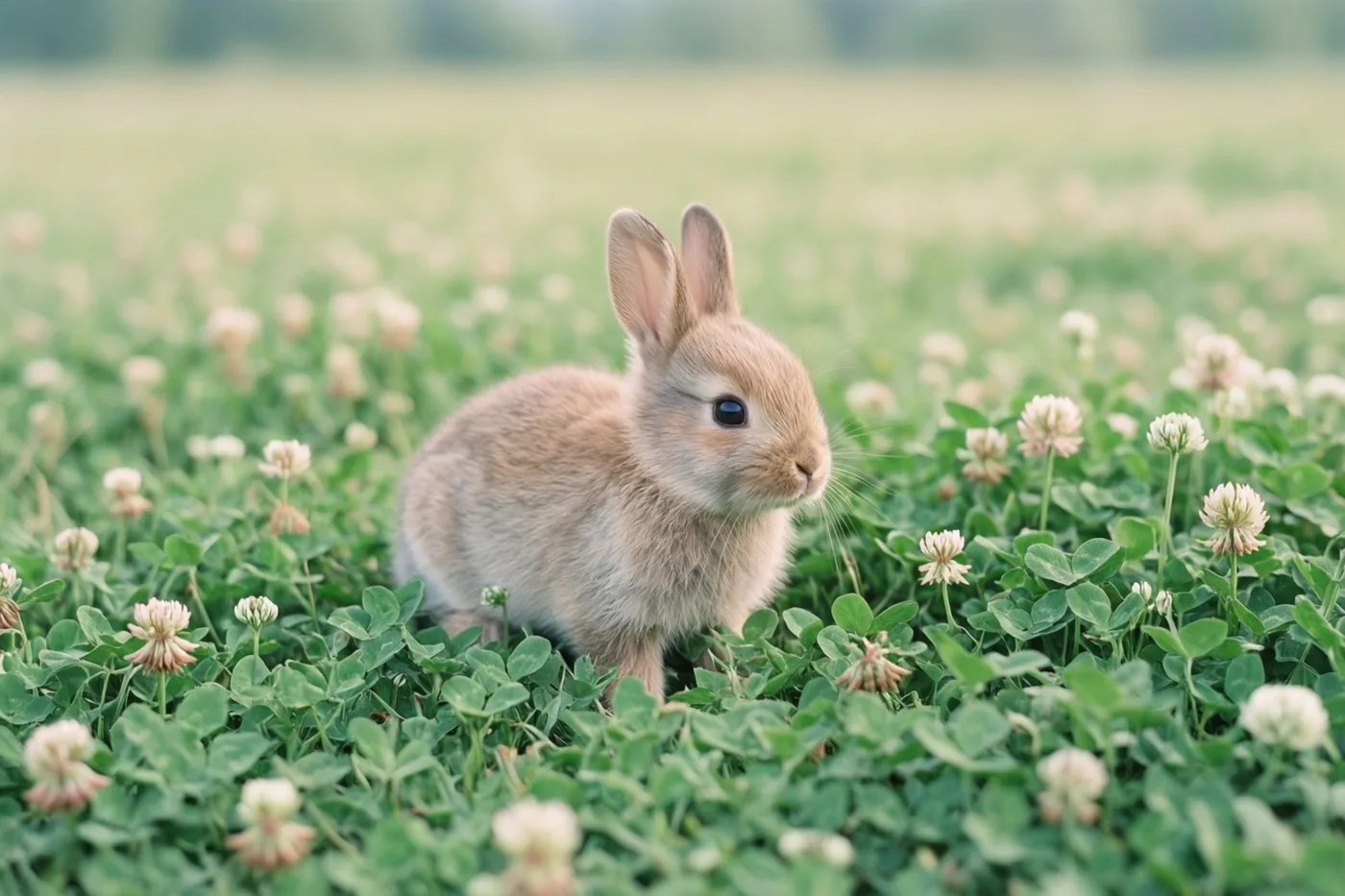 Een jong lichtbruin konijn zit alert in een veld groene klaver met witte bloemen, in zacht natuurlijk licht.