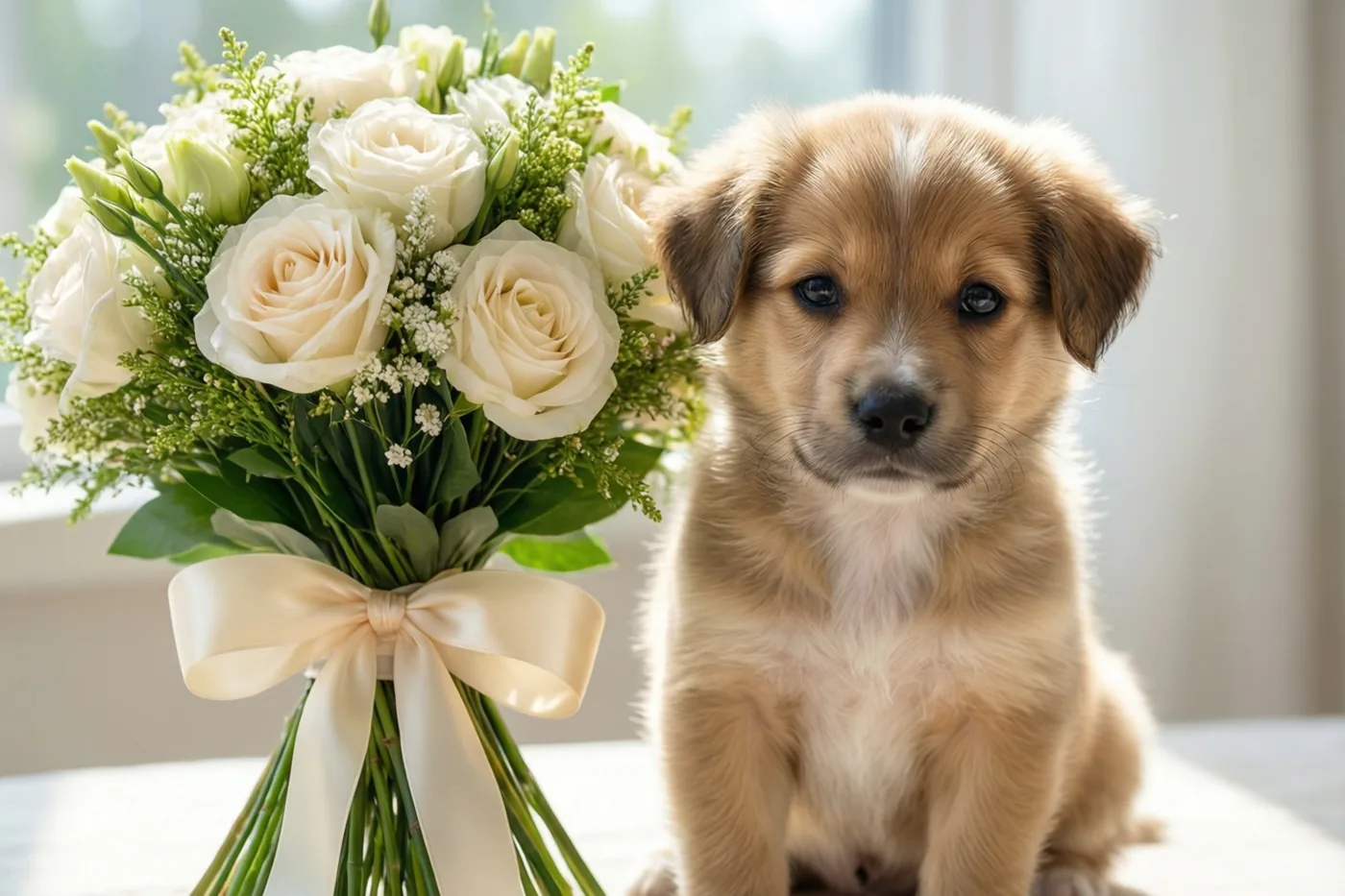Een pluizige lichtbruine puppy zit naast een groot boeket witte rozen en groen met een breed crèmekleurig satijnen lint, tegen een lichte onscherpe achtergrond.