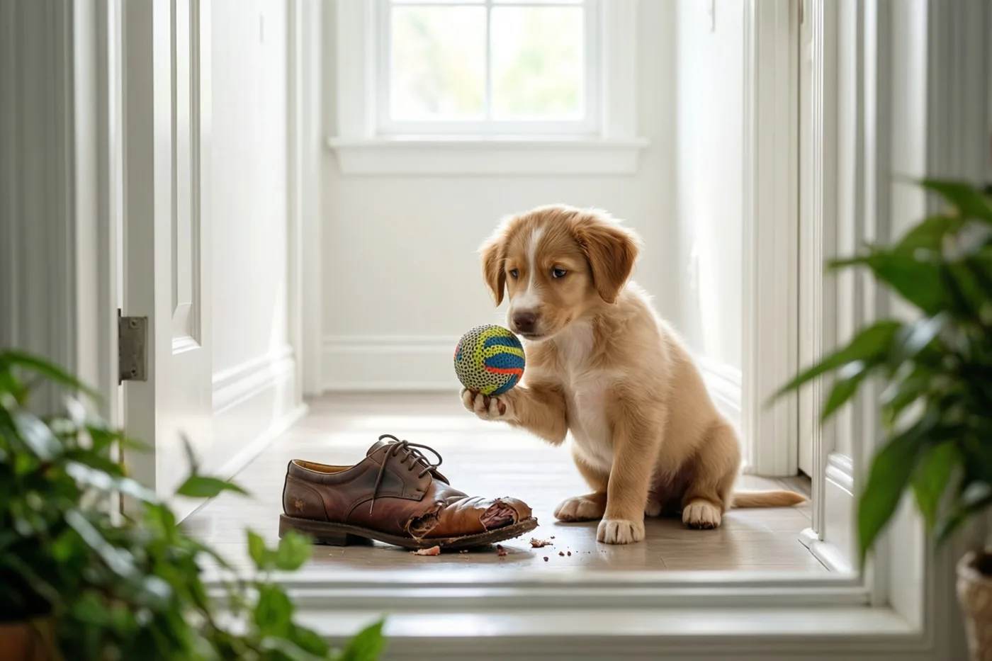 Een lichtbruine puppy zit in een lichte gang met witte muren en een houten vloer, met een kleurrijke bal in zijn poot en een aangeknaagde bruine leren schoen naast zich.