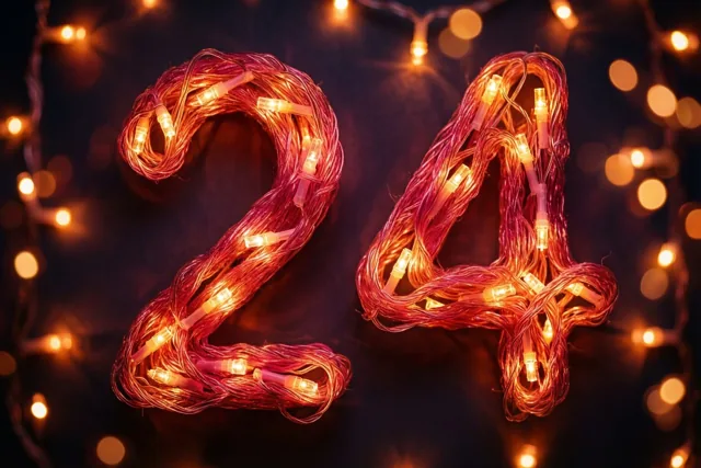 Het getal 24 is gevormd uit warm gloeiende lichtslingers tegen een donkere muur, met vervaagde lichtjes op de achtergrond.