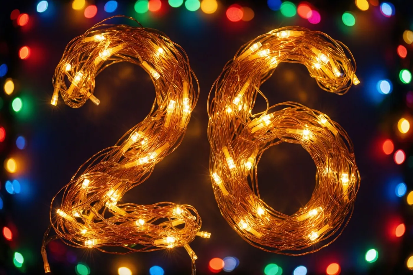 Goudkleurige lichtslingers vormen 26 tegen een donkere achtergrond met kleurrijke, onscherpe feestlichtjes.